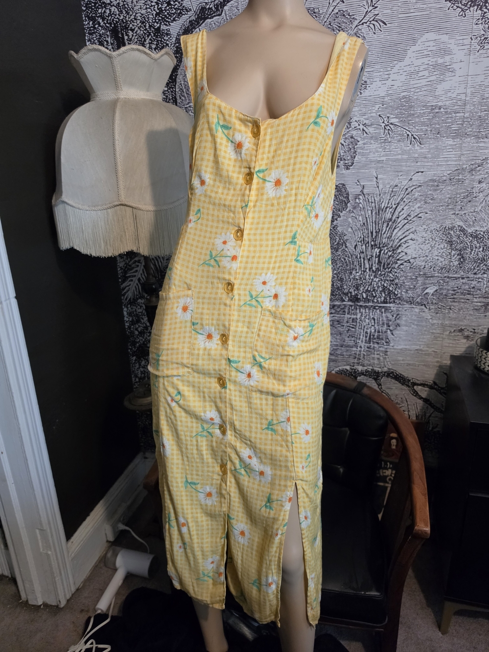 True Vintage Retro Daisy Button Front Gingham Midi Dress With Pockets
